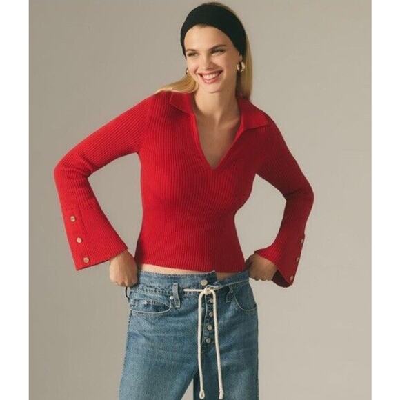 Anthropologie Maeve Polo Bell Sleeve Sweater •M• Long Ribbed Red Holiday Button - Picture 1 of 13